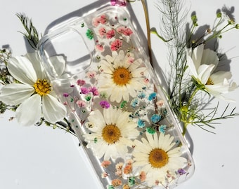 Pressed Flower case with Daisies fit for iPhone 15 /14 Plus pro Max/13/ 12 mini/ 11/ Galaxy S23 FE/ S22 Plus/ S21 Ultra /Google Pixel