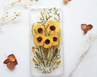 Pressed Sunflower Phone Case: Real Floral Design, Protective Bumper