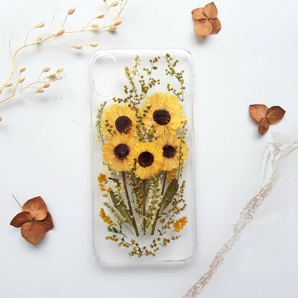 Telefoonhoesje geperste zonnebloem: echt bloemdessin, beschermende bumper