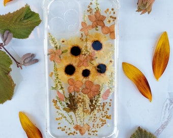 Autumn Sunflower Floral Phone Case: Pressed Flower Design