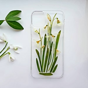 Pressed Flower Case Real Snowdrops for iPhone 14/ 13/ 13Pro/ 13 Pro Max/ 13 Mini/ 12/ 12 Pro Max/ 11/ 7/8 Plus/ XS Max/ XR/ SE/ Samsung S22