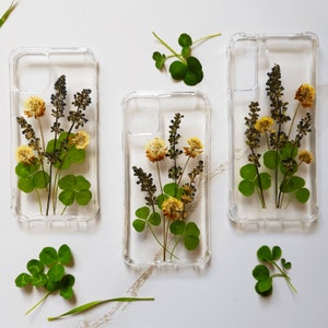 Pressed flower phone case lavender and clover for iphone 14 13 12 pro max mini 7/8 plus x/ xs max/ XR/ SE/ Samsung Galaxy S21 FE /Pixel 6