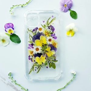 Pressed flower phone case with pansies fit for iPhone 14/ 14Plus/ 13/ 12 Pro/12 mini/ iPhone 11/ XR/Samsung Galaxy S23 Ultra Plus/ S22/ S21