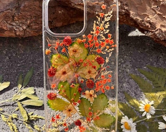 Pressed Flower Phone Case: Real Strawberries Floral Design