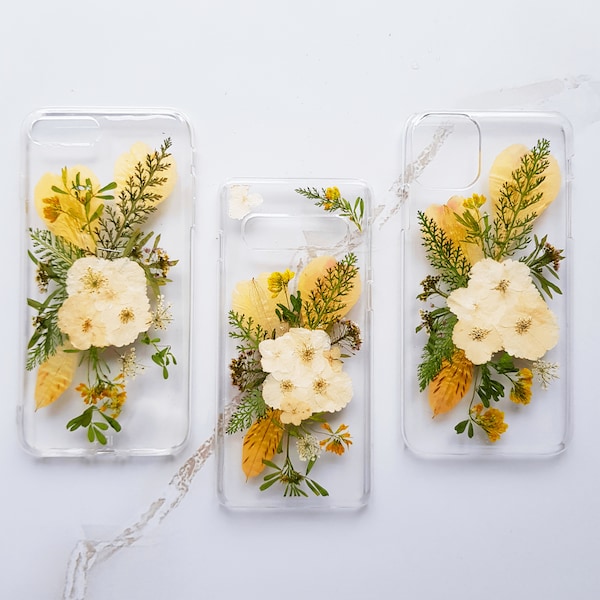 Funda de teléfono con flores prensadas: Diseño floral auténtico para iPhone Galaxy y Google Pixel.