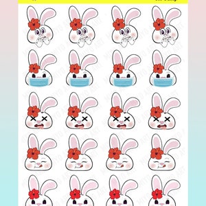 Feuille d’autocollants Bon-E Bunny Emoji #0066 || Dessiné à la main, imprimé en interne pour vos agendas, journaux et journaux à puces.