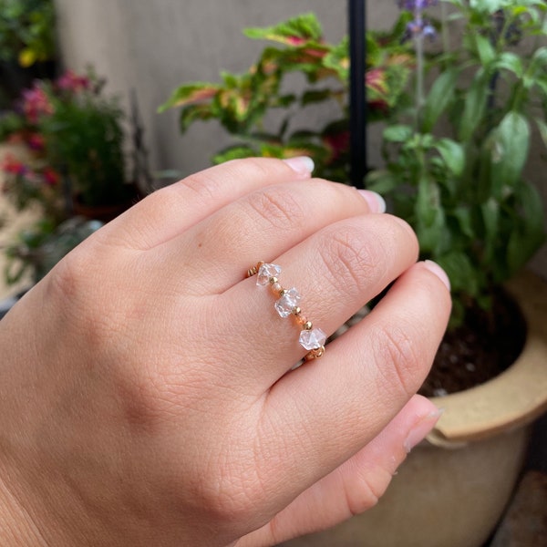 Dainty Stackable Statement Sunstone And Herkimer Diamond 14k Gold Fill Ring Sizes 5 6 7 8 9 10 11