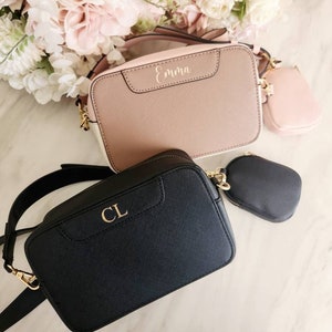 Name Initial Camera Crossbody Bag with zip Pouch and Adjustable shoulder strap | Personalised Birthday or Bridal Party Gift| Bridesmaid Gift