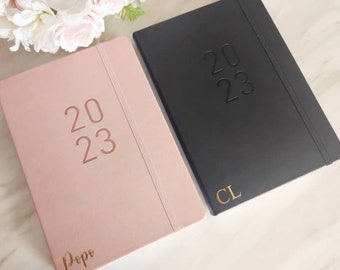 Personalised 2023 Daily Diary Organiser Folder | Custom Name Planner | Custom initial journal | Hardcover Personal Diary | Black Soft Pink