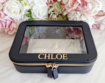 Name Initial Clear See-through PU leather Makeup Bag | Custom | Small Cosmetic Bag | Bridal Party Gift | Wedding Gift |Bridesmaid Gift |