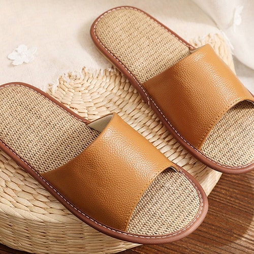 Japanese Leather Slippers, Women's Linen Slippers, Summer Slippers, Home Indoor Cowhide Slippers, Men House Shoes, Handmade Linen Slippers