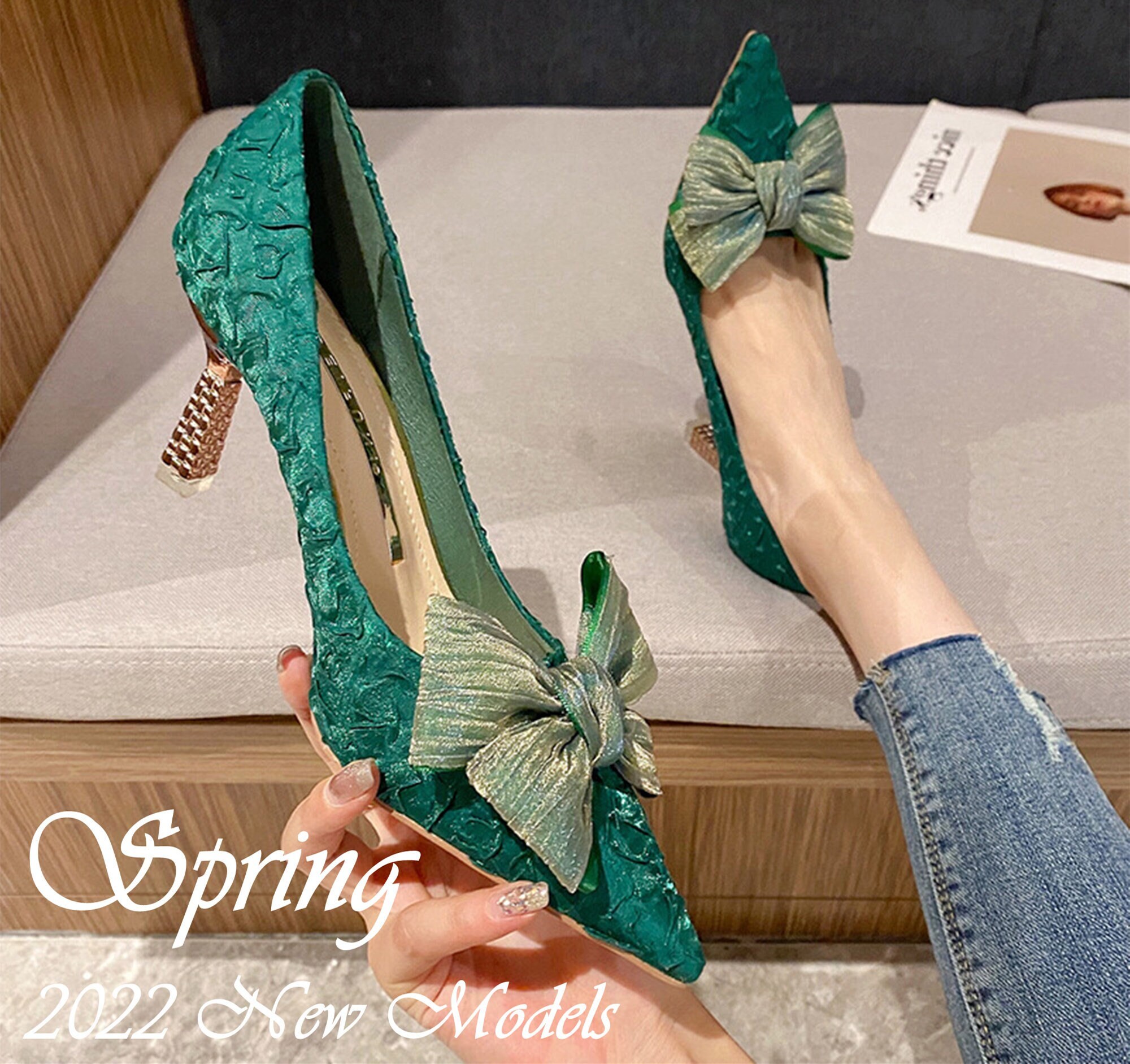 Emerald Green High Heels Bow Pointed Toe Shoes Vintage Satin - Etsy UK