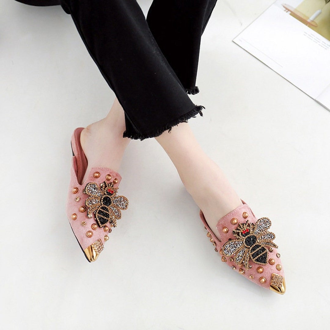 Pink Bee Mules Shoes Women Pointed Toe Flats Suede Leather - Etsy