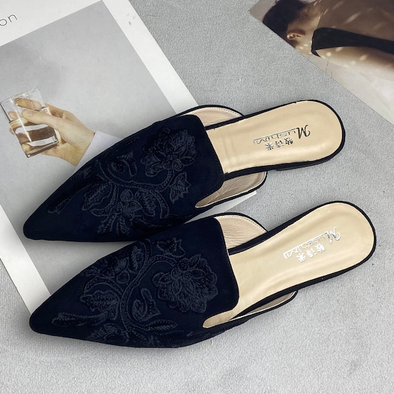 Black Embroidered Flat Mules Chinese Floral Embroidery Shoes -  Israel