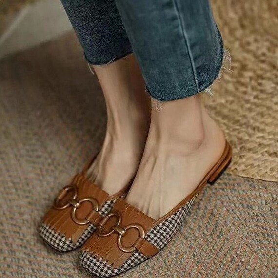 Brown Mule Shoes Plaid Mule Shoes for Woman PU Leather Round - Etsy