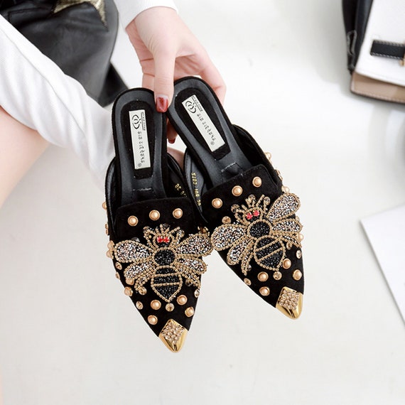Vintage Mule Shoes Bee Mule Shoes for Woman Pointed Toe Flat