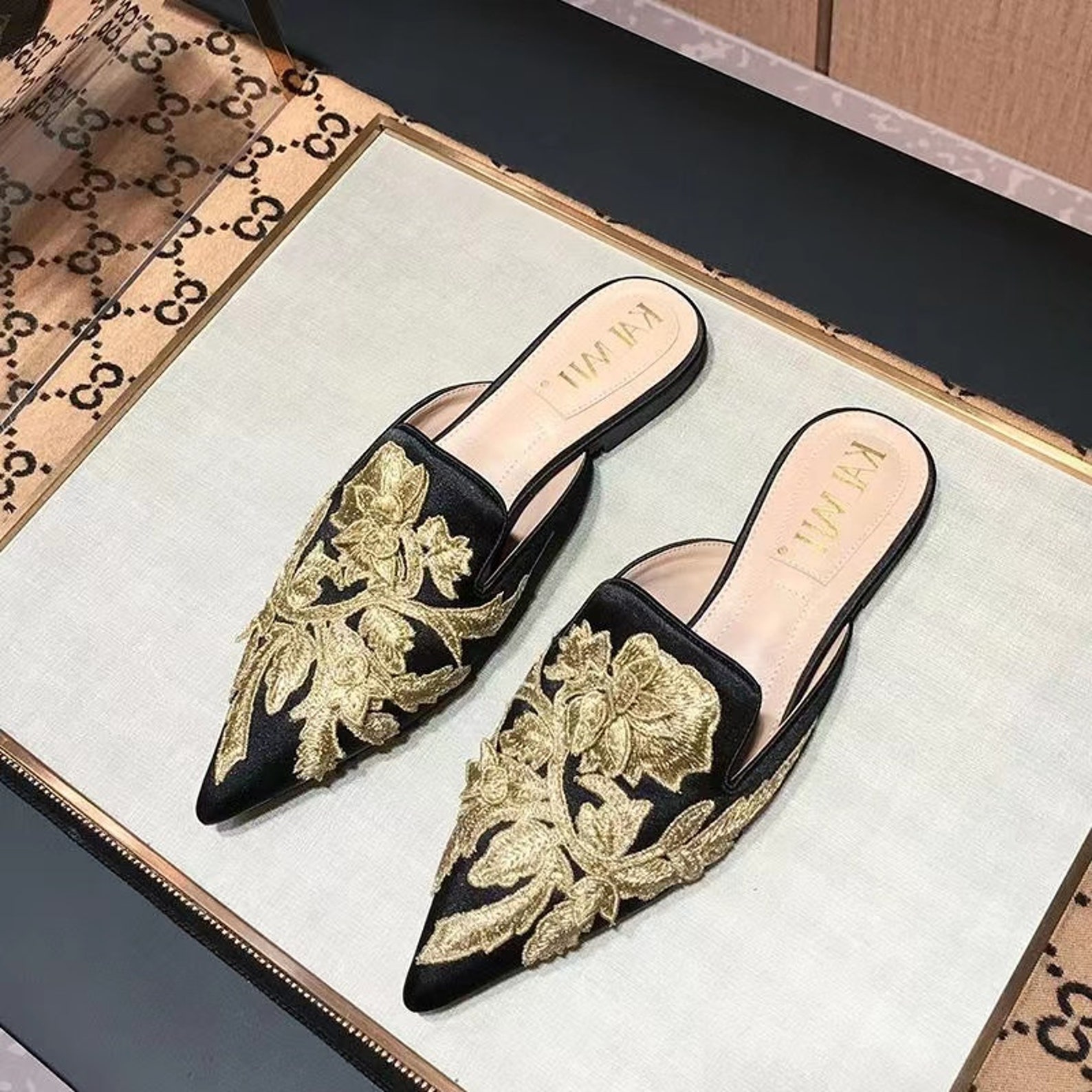 Flower Embroidery Mule Shoes Handmade Chinese Velvet - Etsy