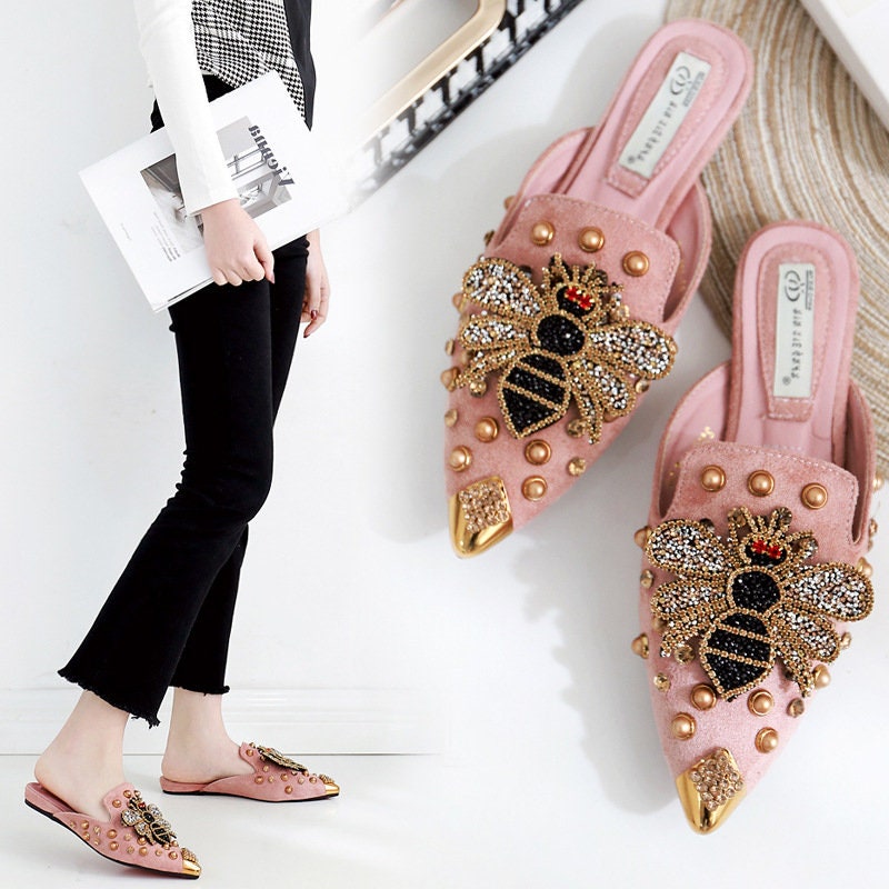 Buy Floral Mule Shoes Woman Pointed Toe Flats Vintage Bee Mules