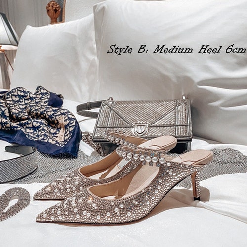 Bling Diamond Mules Shoes Pearls Pointed Toe Mules Bridal Etsy