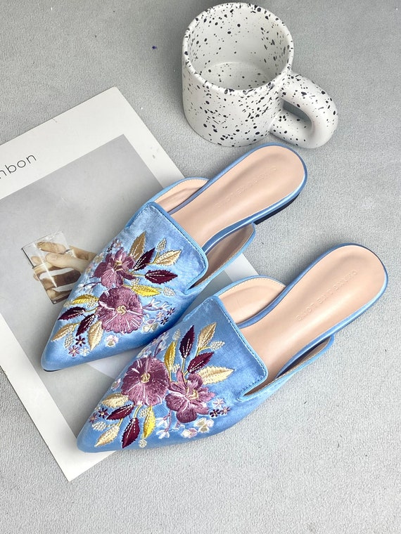Blue Embroidered Mules Chinese Shoes Silk Pointed Toe Flats - Etsy