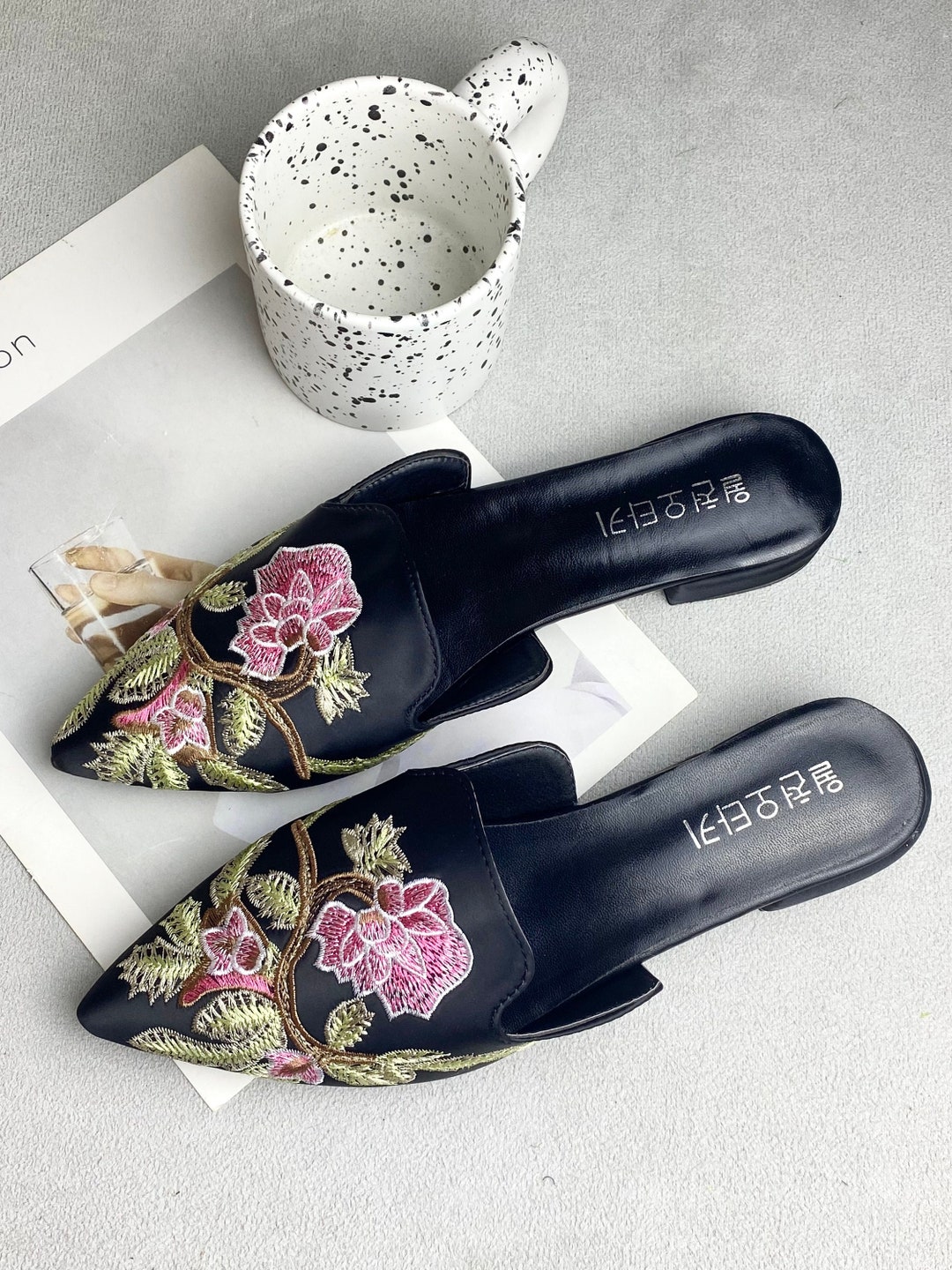 Black Embroidered Mule Shoes Women Mules Pointed Toe Flats Etsy