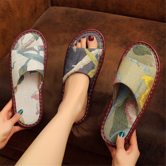 Vintage Print Slippers, House Linen Slippers, Summer Slippers, Unisex House Shoes, Indoor Slippers for Woman \u0026 Men, Handmade Linen Slides
