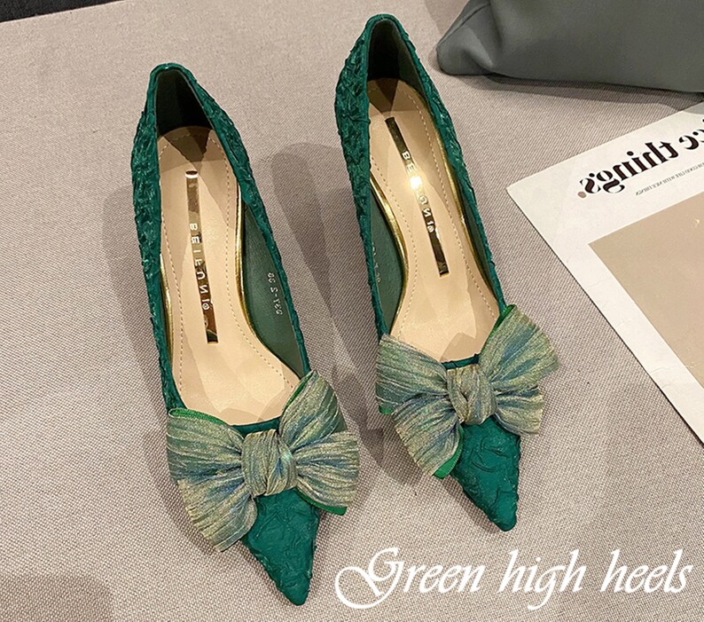 Emerald Green High Heels Bow Pointed Toe Shoes Vintage Satin - Etsy