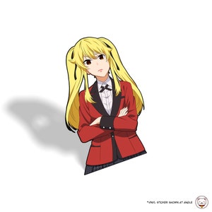 May include: A vinyl sticker featuring an anime character with long blonde hair, wearing a red blazer with black accents and a white shirt with a black bow tie. The character has a serious expression and is standing with their arms crossed.