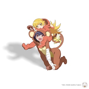 May include: A vinyl sticker featuring a cartoon character wearing a monkey costume with a smaller cartoon character riding on their back. The larger character is wearing a brown monkey costume with a red shirt and a brown tail. The smaller character is wearing a red shirt and has yellow hair. The sticker is on a white background.