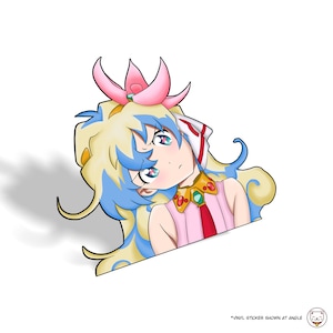 May include: A sticker featuring a cartoon anime girl with blue and yellow hair, wearing a pink and white dress with a green gem necklace. The girl has pink cheeks and blue eyes with pink stars.