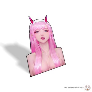 May include: A pink anime character with long pink hair and red horns. The character is wearing a white headband and has a pink and white outfit.