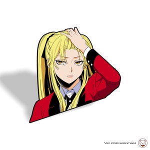 May include: A vinyl sticker featuring a cartoon anime character with long blonde hair, wearing a red blazer with black accents and a white collared shirt. The character is looking to the side with a serious expression.