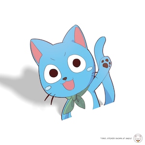 May include: A blue cartoon cat with a green scarf and a big smile, waving with its right paw. The cat is looking to the left of the image.