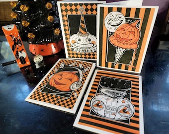 Classic Black and Orange Halloween Notecard Set: Vintage Style Halloween Pop Art Cards