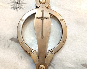 Personalized nautical antique brass engraved magnifying glass with leather case, christian cross, baptism gift, Christmas gift, gift for him