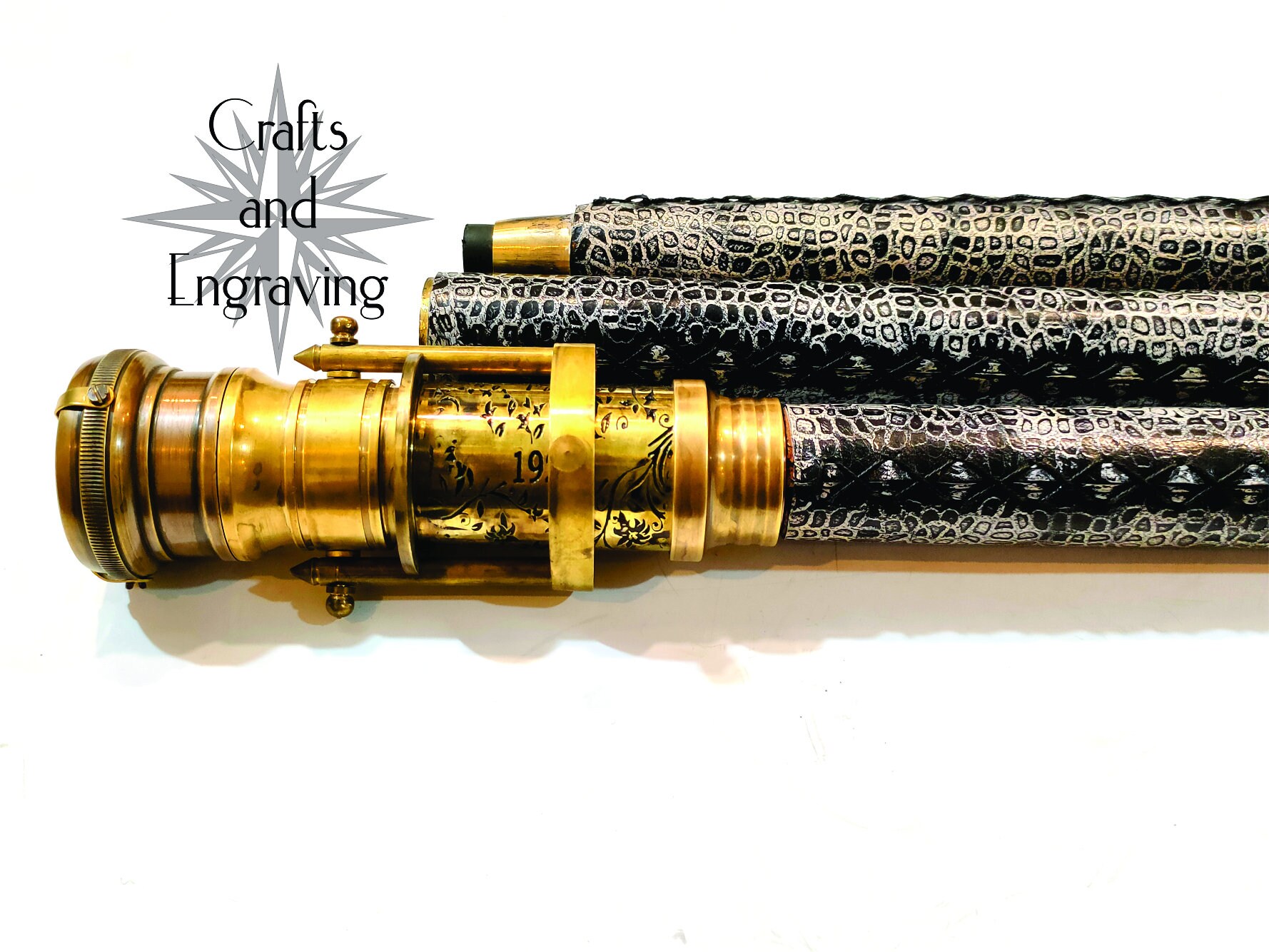 Nautical Wooden Walking Stick: Brass Telescope, Compass Handle, Leather ...