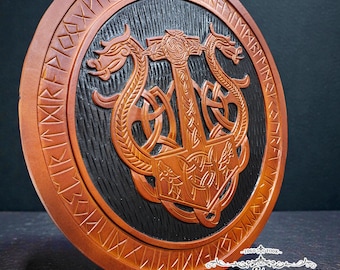 Escudo medieval de madeira feito à mão: decoração de dragão, armadura para cosplay, decoração para casa, presente (60-75 cm)