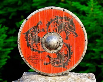Handmade Red Viking Shield: 24" Cosplay Shield with Dragon Design