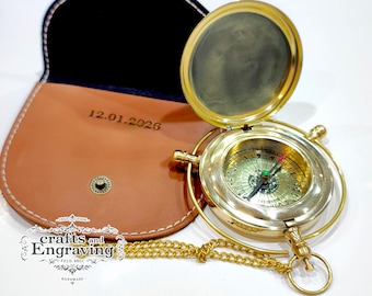 Handmade Brass Compass with Engraved Leather Case, Personalized Gift