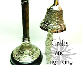 Chrome finish brass folding engraved table bell with wooden base, home decor, room decor, collectible, gift item.