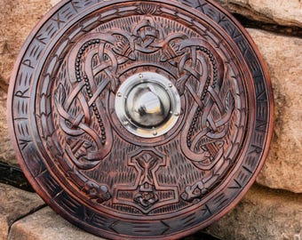 Antique Viking look Shield Wood Carved 22-36 Inches: Handmade Norse Decor Cosplay Prop