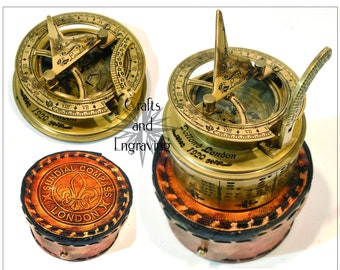 7 cm nautical engraved brass box sundial with compass calendar with leather box, table top decor, gift item, collectible, anniversary gift.