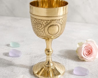 Personalized Brass Goblet with Custom Engraving, Embossed Floral Chalice Cup, Medieval Royalty Drinkware, 250ml, 1 Glass