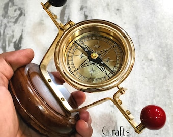 7.5" Nautical brass handmade floating gimbals compass with wooden base navigation, gold finish, home decor, gift item, table top decor