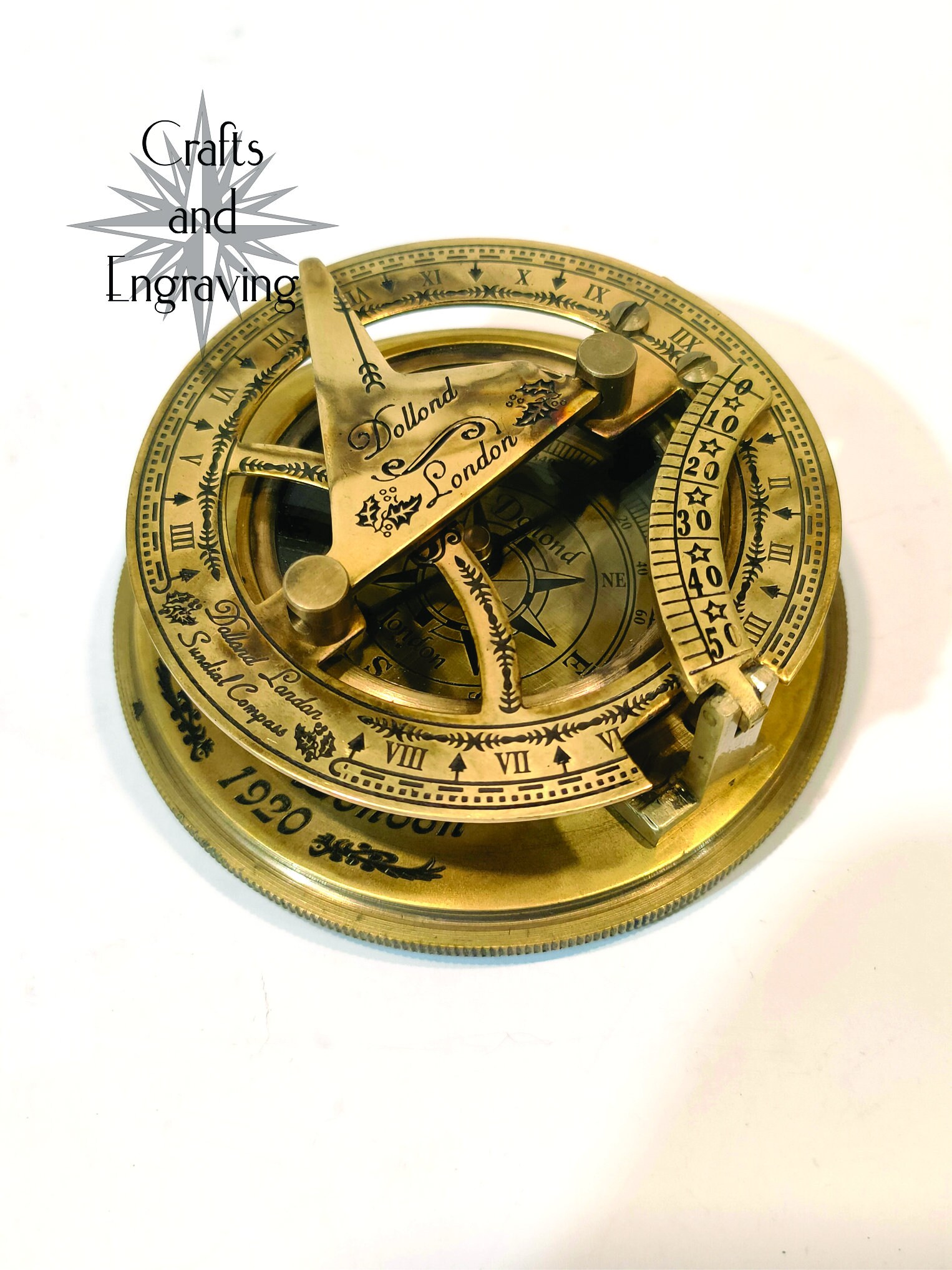 Antique Reproduction Engraved Brass Sundial Compass With Genuine Leather Case