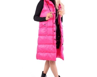 Long padded puffer coat, Pink puffer jacket, Hot Pink puffer body warmer, very long padded puffer coat with hood, puffy, puffetta