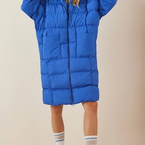 Oversize long blue puffer coat, very long padded puffer jacket, image 6
