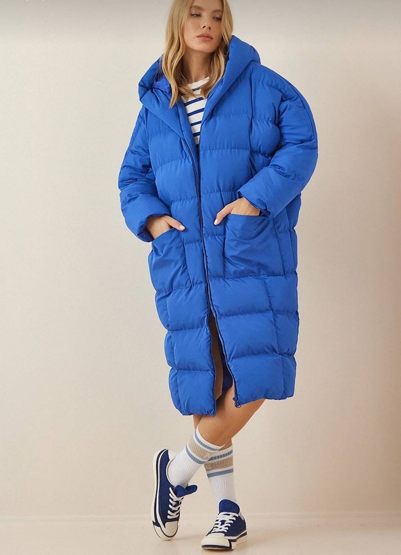 Oversize long blue puffer coat, very long padded puffer jacket, image 5