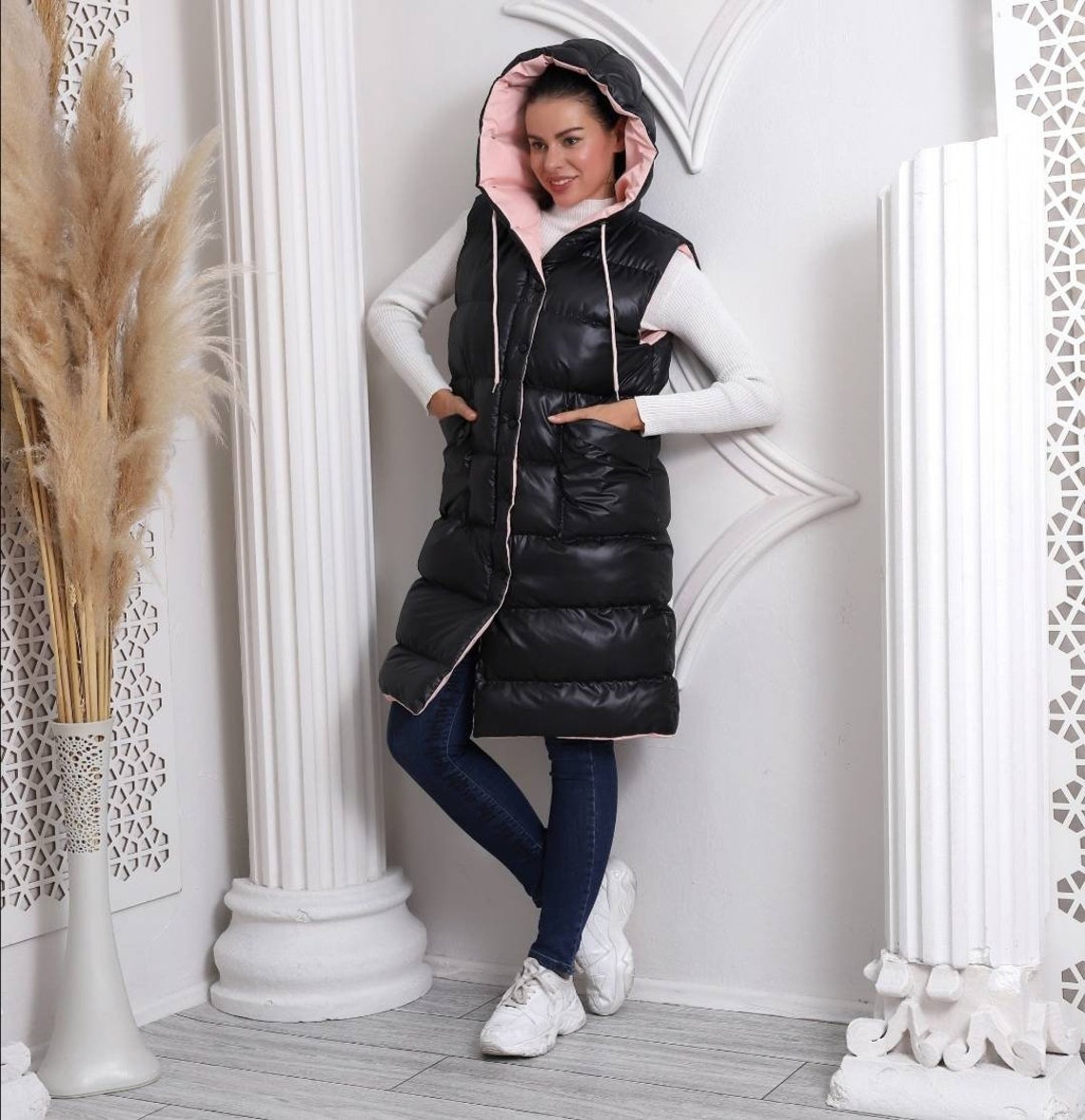 Long Padded Vest With Hood, Waterpoof Coat, Long Puffer Gilet for Women ...
