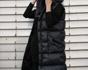 Women's puffer jacket, puffer coats, long padded puffer vest with hood, Winter coat, puffetta, puffy, long puffer gilet, black puffer vest,